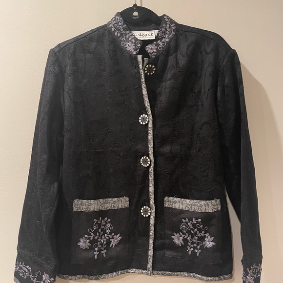 Flashback Black Button Front Stand Up Collar Embroidered Beaded Jacket - Picture 1 of 11